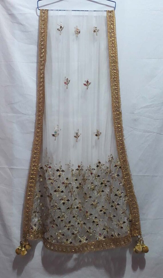 Buy Indian Mirror Work White Net Dupatta Scarf,shwal,chunni Lastest Wedding  Women Stole,wraps Net Dupatta With Gold Latkan Online in India 