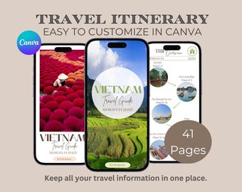 Itinerario de viaje a Vietnam, planificador de viajes para móvil, plantilla editable de Canva (41 páginas)