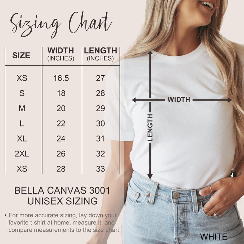 Puede incluir: Una tabla de tallas para camisetas unisex Bella Canvas 3001. La tabla muestra el ancho y la longitud en pulgadas para las tallas XS, S, M, L, XL, 2XL y 3XL.