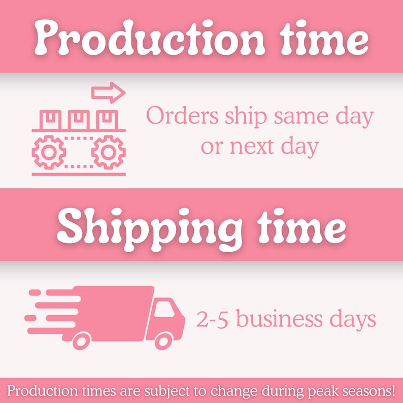 May include: Pink graphic with the words "Production time" and "Shipping time". The image includes a conveyor belt icon and a truck icon. Text states orders ship same day or next day and shipping takes 2-5 business days.