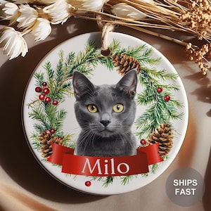 May include: A round ceramic ornament with a gray cat in a green wreath with red berries and pine cones. The cat's name, "Milo", is written on a red ribbon.