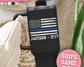 Police Tumbler Personalized Thin Blue Line 40oz Tumbler with Handle Custom Police Gifts For Police Officer Gifts for Police Travel Mug 40 oz