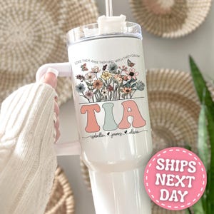Tia Tumbler Personalized Tia 40oz Tumbler with Handle Custom Tia Gifts for Tia Cup with Grandkids Names Tia Travel Mug Tia Travel Cup 40 oz