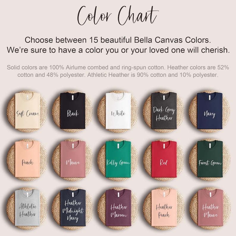 Puede incluir: Carta de colores que muestra 15 colores de camisetas Bella Canvas. Los colores incluyen Crema suave, Negro, Blanco, Gris oscuro jaspeado, Azul marino, Melocot&oacute;n, Malva, Verde Kelly, Rojo, Verde bosque, Gris jaspeado atl&eacute;tico, Azul marino jaspeado medianoche, Marr&oacute;n jaspeado, Melocot&oacute;n jaspeado y Malva jaspeado.