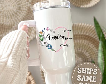 Custom Grandma Tumbler 40oz - Personalized Grandma Tumbler with Names - Grandma Tumbler with Handle - Grandma Gifts with Grandkids Names