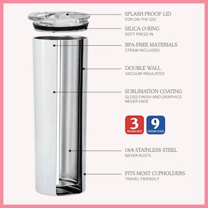 May include: A stainless steel tumbler with a clear lid, designed for travel. Features include a double-wall vacuum insulation, sublimation coating, and BPA-free materials. Keeps drinks hot for 3 hours and cold for 9 hours.
