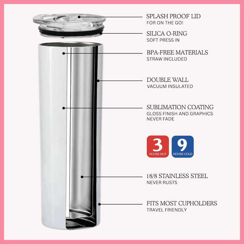 May include: A stainless steel tumbler with a clear lid, designed for travel. Features include a double-wall vacuum insulation, sublimation coating, and BPA-free materials. Keeps drinks hot for 3 hours and cold for 9 hours.