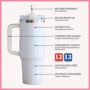 May include: A white travel mug with a handle and a straw, featuring a splash-proof lid. The mug is made of stainless steel and is designed to fit most cup holders. It keeps drinks hot or cold for 12 hours.