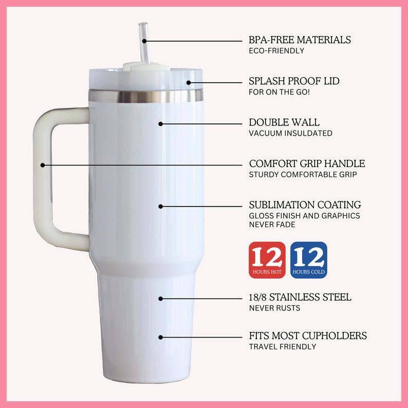 May include: A white travel mug with a handle and a straw, featuring a splash-proof lid. The mug is made of stainless steel and is designed to fit most cup holders. It keeps drinks hot or cold for 12 hours.