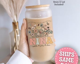 Nina Glass Cup Personalized Nina Iced Coffee Cup Custom Nina Gift for Nina Cup Nina Frosted Cup Nina Glass Tumbler with Bamboo Lid and Straw