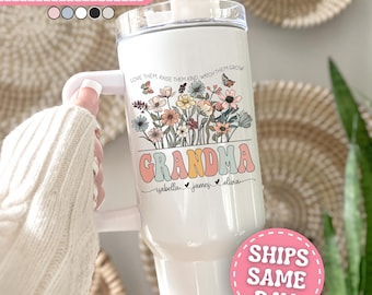 Grandma Tumbler Personalized Grandma 40oz Tumbler with Handle Custom Grandma Gifts for Grandma Cup with Grandkids Names Grandma Travel Mug