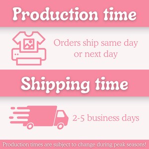 May include: A pink graphic with the words "Production time" and "Shipping time". The image includes a t-shirt and printer icon, a truck icon, and text stating orders ship the same or next day, with shipping taking 2-5 business days.