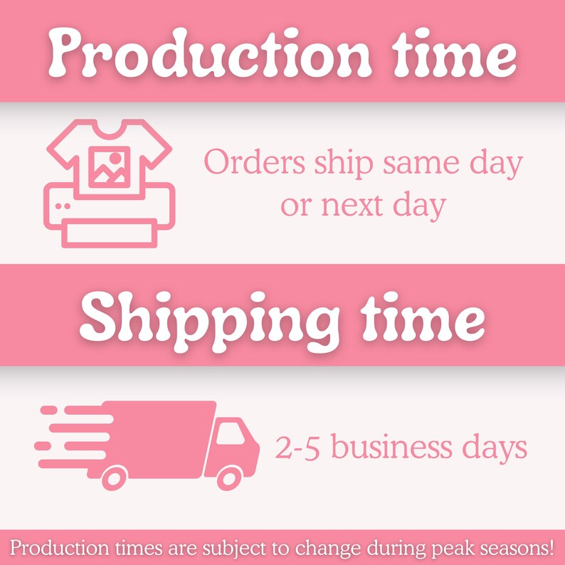 May include: A pink graphic with the words "Production time" and "Shipping time". The image includes a t-shirt and printer icon, a truck icon, and text stating orders ship the same or next day, with shipping taking 2-5 business days.