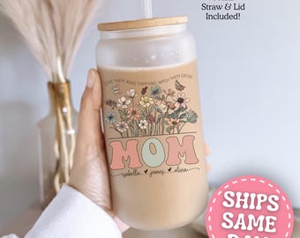 Mom Glass Cup Personalized Mom Iced Coffee Cup Custom Mom Gift for Mom Cup Mom Frosted Cup Mom Glass Tumbler with Bamboo Lid and Straw