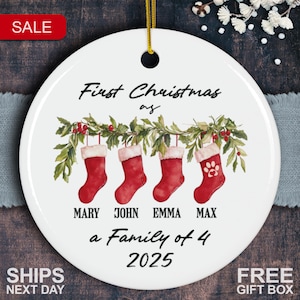 Personalized Family Of 4 Christmas Ornament With A Dog - Family of Four Ornament - Custom Baby's First Christmas Ornament 2024 - New Baby