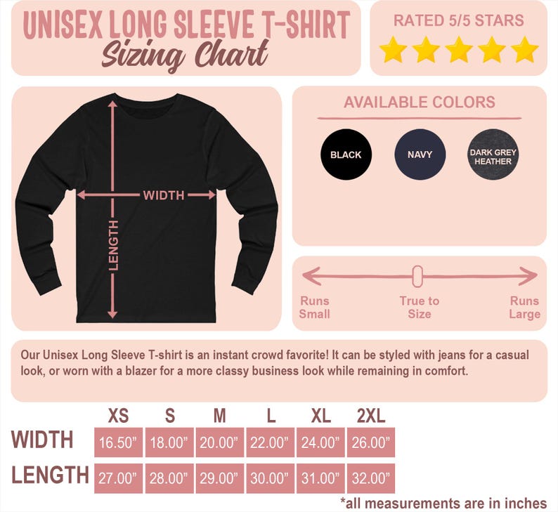 a black long sleeve t - shirt with measurements