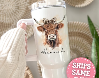 Highland Cow Tumbler Personalized Highland Cow 40oz Tumbler with Handle Custom Highland Cow Gifts for Women Girl Highland Cow Cup Leopard