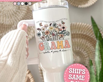 Grama Tumbler Personalized Grama 40oz Tumbler with Handle Custom Grama Gifts for Grama Cup with Grandkids Names Grama Travel Mug Grama 40 oz