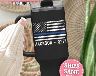 Police Tumbler Personalized Thin Blue Line 40oz Tumbler with Handle Custom Police Gifts For Police Officer Gifts for Police Travel Mug 40 oz