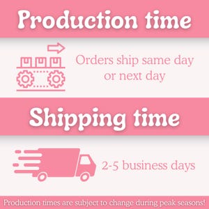 K&ouml;nnte beinhalten: Eine rosa-wei&szlig;e Infografik mit dem Text Production time, Orders ship same day or next day, Shipping time, 2-5 business days und Production times are subject to change during peak seasons, sowie Symbolen eines F&ouml;rderbands und eines Lastwagens.