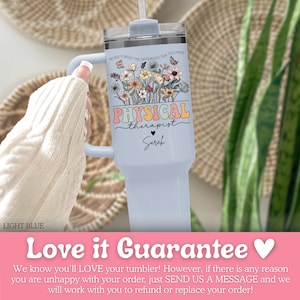 May include: Light blue tumbler with a handle, featuring the text "PHYSICAL therapist Sarah" in a retro font, with a floral and butterfly design. The top of the tumbler reads "NEVER FORGET THE DIFFERENCE THAT YOU MAKE".