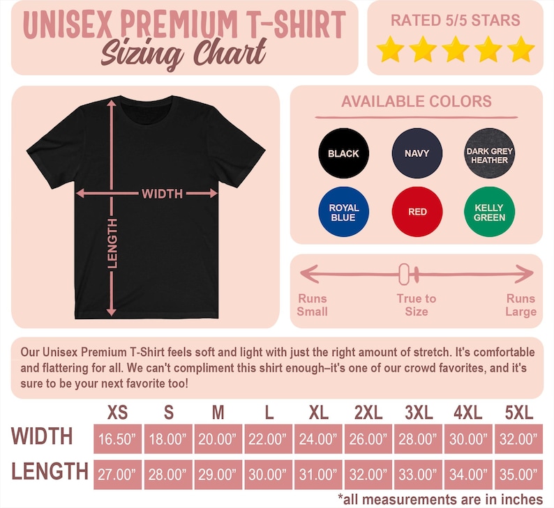 a t - shirt size guide with measurements for a t - shirt