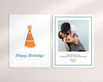 Plantilla de tarjeta de cumpleaños con sombrero y foto: Canva editable (descarga digital)