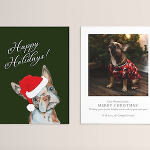 Frohe Feiertage Karte mit Foto und Frenchie Vorlage | Spaß französische Bulldogge Feiertags-Karte | Happy Holidays Grußkarte mit Fotovorlage auf Canva
