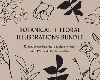 Floral Line Art Bundle: Botanical PNG, SVG, EPS Illustrations (Digital Download)