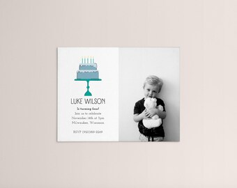 Plantilla ilustrada de invitación de cumpleaños con pastel (Canva editable, 4,25 x 5,5) (PDF)