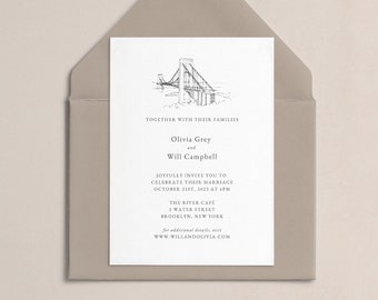 Brooklyn Bridge Wedding Invitation Template: Minimalist Modern Design (Canva Editable, PDF)