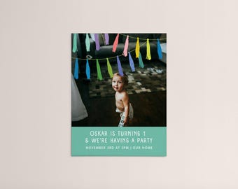 Plantilla editable de invitación de cumpleaños con guirnalda y foto (Canva, descarga digital)
