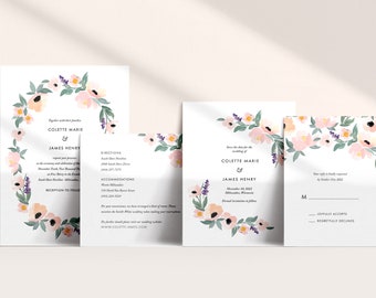 Plantilla de acuarela para invitaciones de boda florales (editable en Canva, descarga digital)