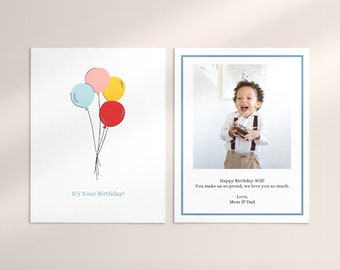 Plantilla de tarjeta fotográfica con globos de cumpleaños: Diseño DIY de Canva (Descarga digital)