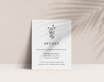 Plantilla de tarjeta de detalles de boda con flores silvestres: Canva editable (descarga digital)
