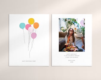 Plantilla de tarjeta fotográfica con globos de cumpleaños: Canva personalizable (descarga digital)