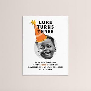 Editable Birthday Party Invitation with Party Hat and Photo | Kids Birthday Invitation | Fun Party Hat Birthday Invitation Template Canva