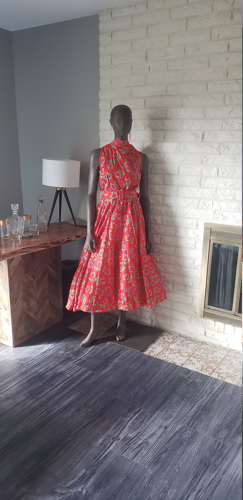 Red floral day dress