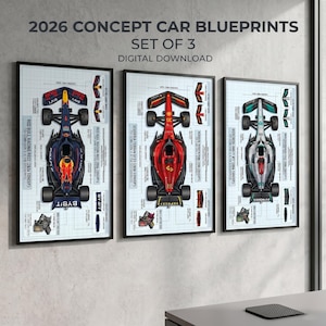 Pacchetto di progetti per concept car di Formula 1 2026, set di poster Ferrari Mercedes Red Bull Racing, arte tecnica da parete per le corse di Formula, download digitale