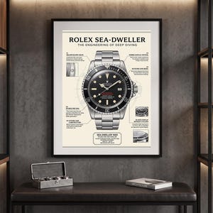 May include: A framed technical poster titled ROLEX SEA-DWELLER THE ENGINEERING OF DEEP DIVING. The print features a detailed illustration of a silver stainless steel watch with a black dial, surrounded by descriptive text and small inset diagrams.