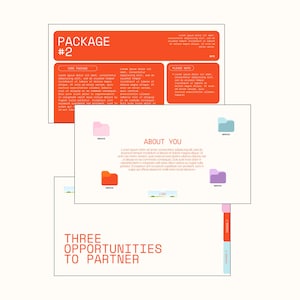 May include: A stack of white paper documents with orange and red accents. The top document reads "PACKAGE #2" and "CORE PACKAGE". The middle document says "ABOUT YOU". The bottom document says "THREE OPPORTUNITIES TO PARTNER".