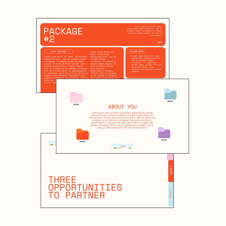 May include: A stack of white paper documents with orange and red accents. The top document reads "PACKAGE #2" and "CORE PACKAGE". The middle document says "ABOUT YOU". The bottom document says "THREE OPPORTUNITIES TO PARTNER".
