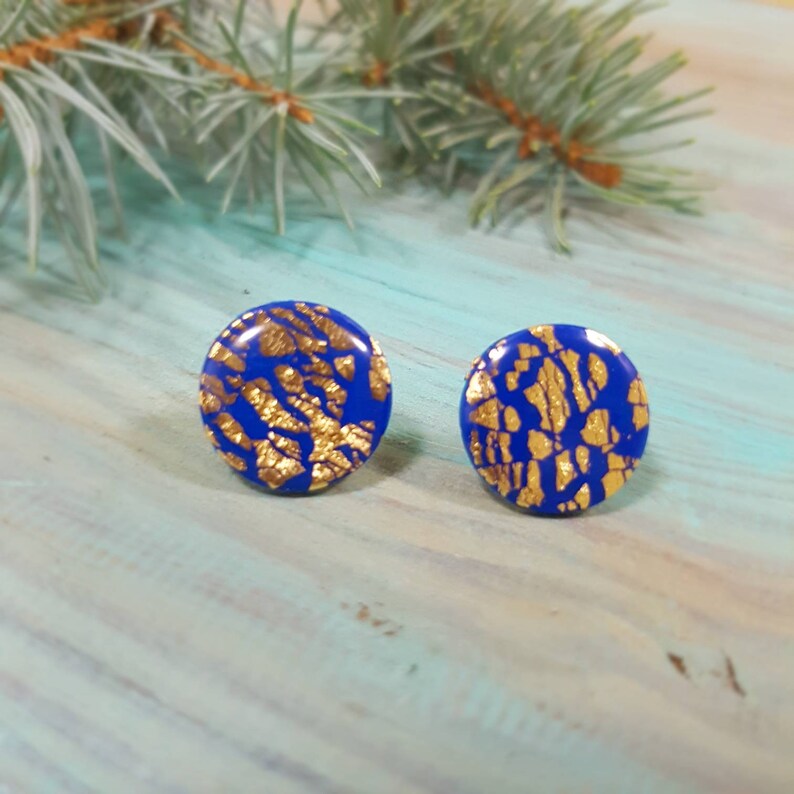 Blue gold earrings Polymer Clay Round Studs Epoxy resin Etsy