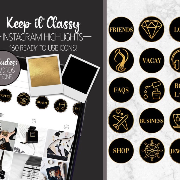 160 Set ICONS & WORDS COMBO Pack Instagram Story Highlight Covers - Gold Foil - Black