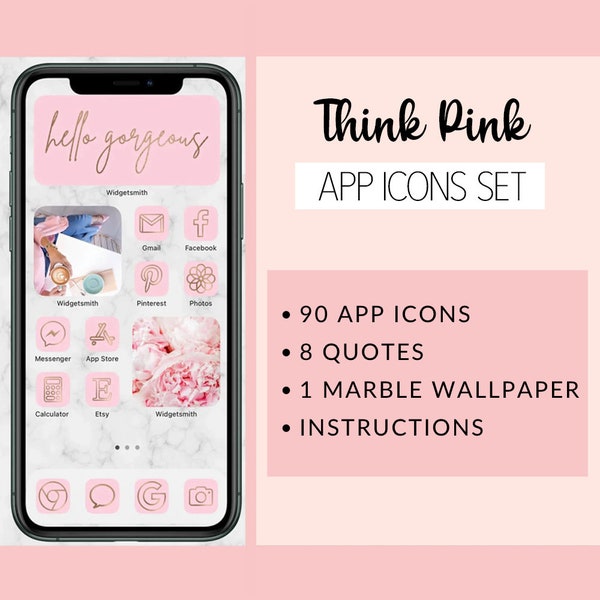 covers app on iphone THINK PINK 90 Set App Icons - Pink and Gold - Aesthetic iPhone IOS 14 - App Covers - Widget Quotes - Marble Wallpaper -Home Screen Theme