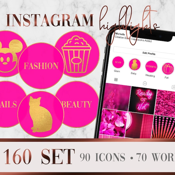 160 Set ICONS & WORDS Combo Pack Instagram Story Highlight Covers | Gold Foil Hot Pink | IG Highlights Set | Premade Ready to Use