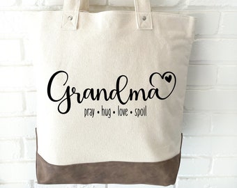 Grandma Canvas Tote Bag | New Grandparent Custom Gift | Personalized Knitting | Christian Gift | Travel | Shopping | Pray Hug Spoil