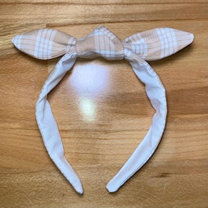Beige Palaka Headband with removable bow- Hawaiian Gingham Top Knot Headbands - Made in Hawai’i