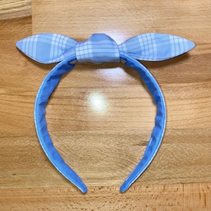 Baby Blue Palaka Headband with removable bow- Hawaiian Gingham Top Knot Headbands - Made in Hawai’i