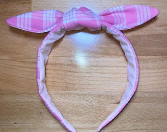 Pink Palaka Headband with removable bow- Hawaiian Gingham Top Knot Headbands - Made in Hawai’i